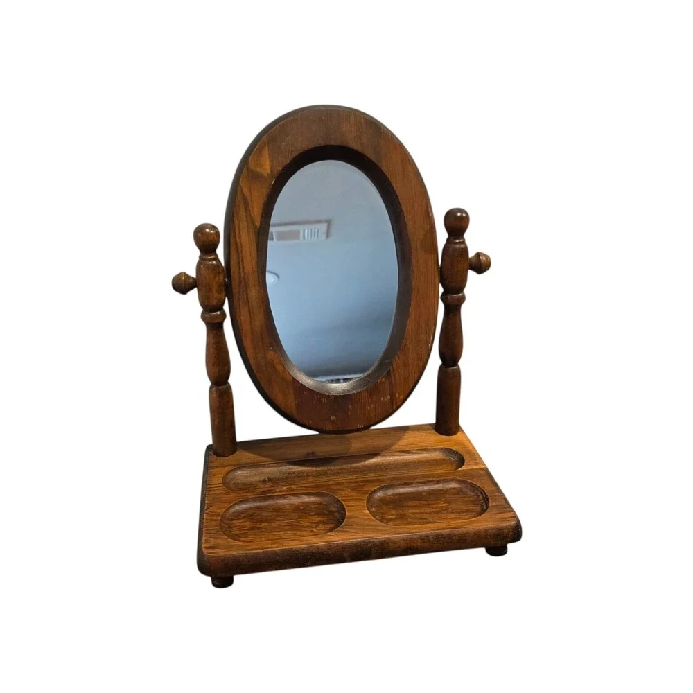 Vintage Wood Oval Vanity Mirror with Jewelry Valet Tray, Tabletop Trinket Holder